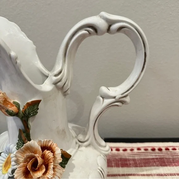 Vintage Capodimonte Style Hand Painted Majolica Porcelain Pitcher Made in Italy